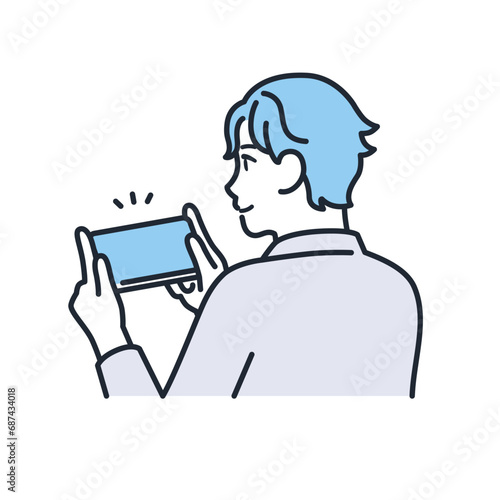 スマートフォンでゲームをするカジュアルな服装の若い男性のシンプルなベクターイラスト素材