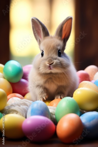 Cute Easter bunny with colorful eggs. Idea for Easter, Holy Week © Daniil