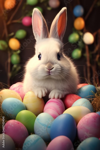 Cute Easter bunny with colorful eggs. Idea for Easter  Holy Week