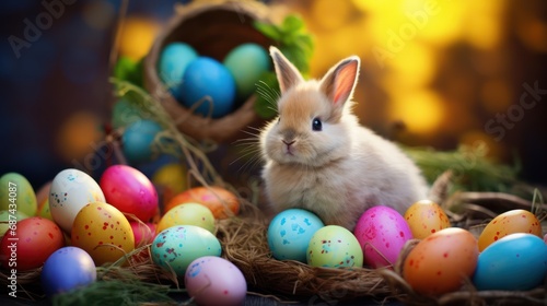 Cute Easter bunny with colorful eggs. Idea for Easter, Holy Week