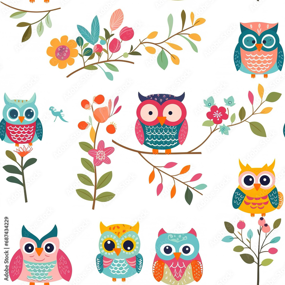 Fototapeta premium Cartoon owls isolated on white repeat pattern