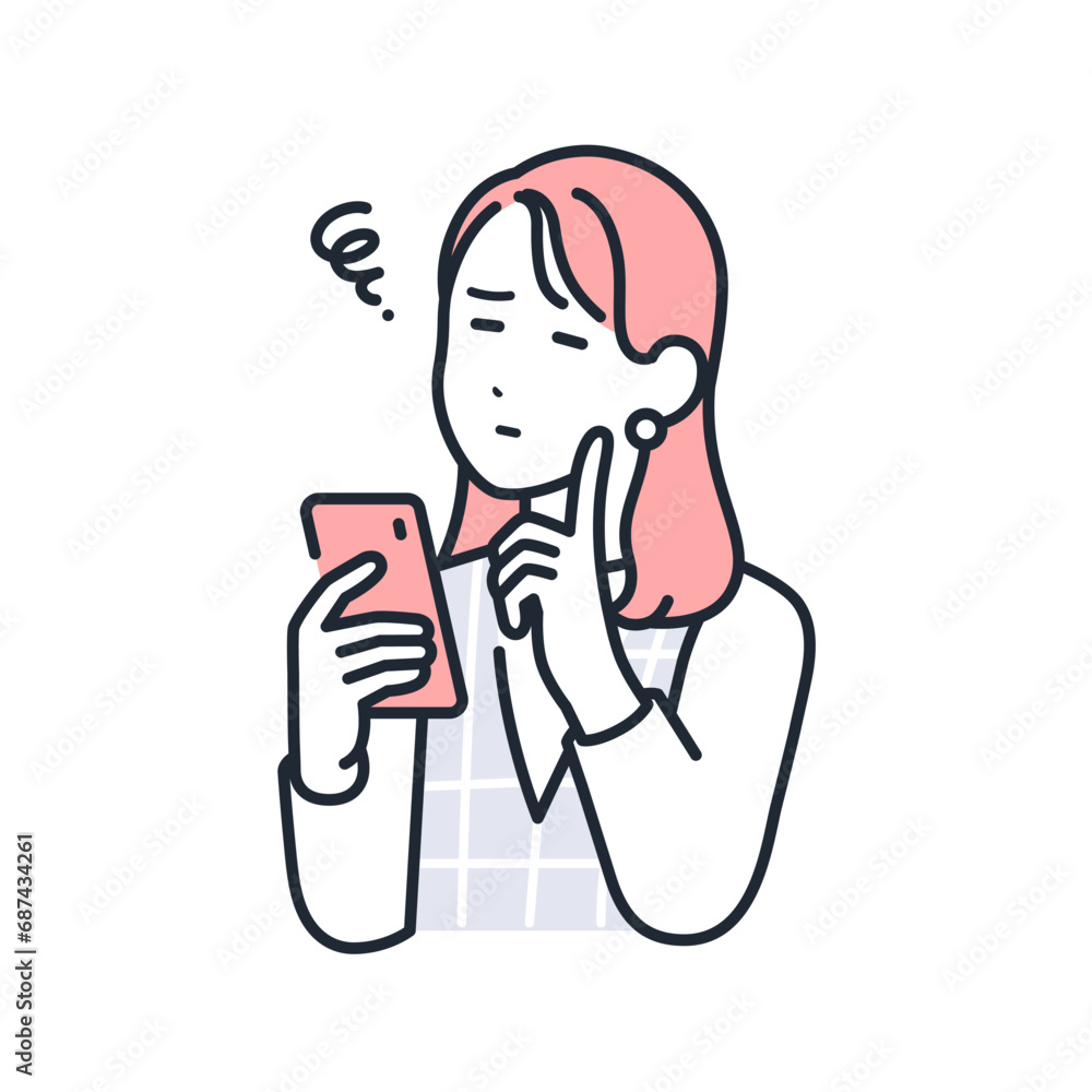 スマートフォンを持って悩むおしゃれな若い女性のシンプルなベクターイラスト素材