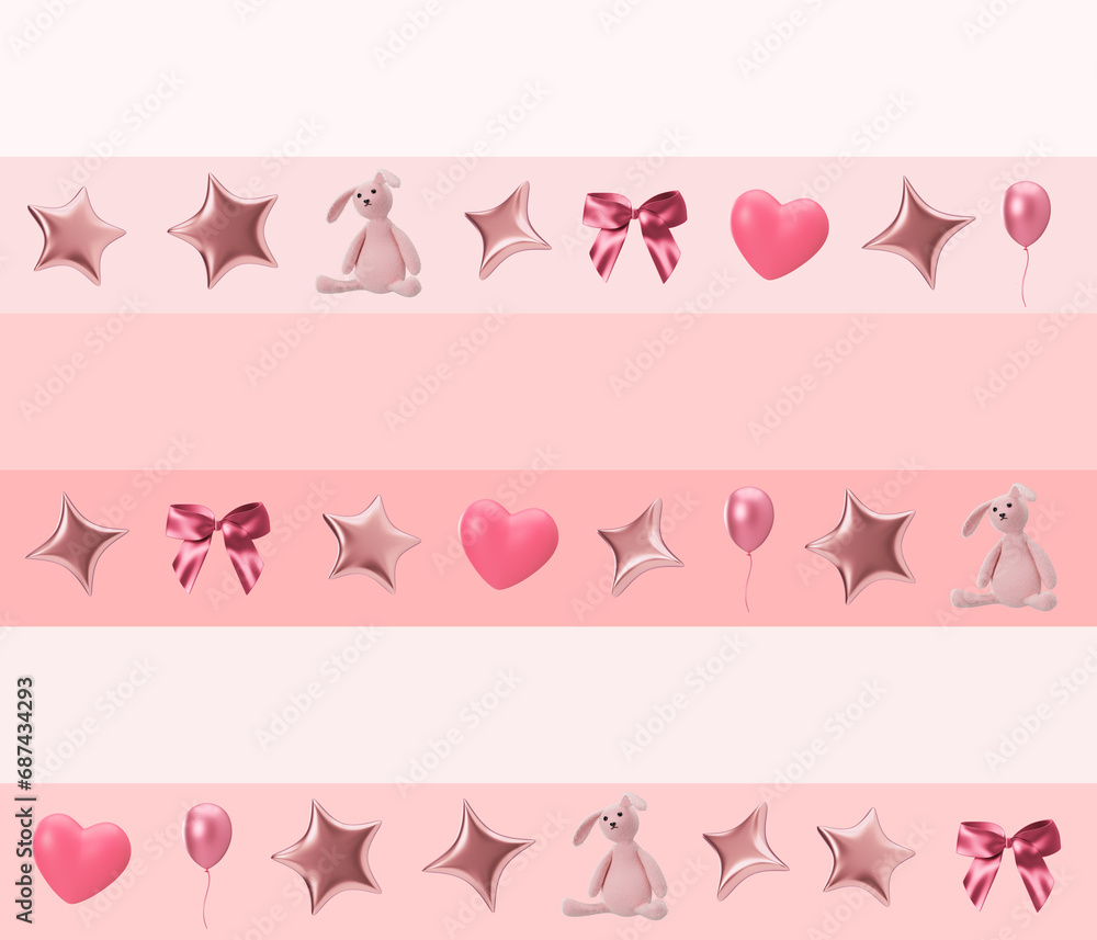 Pink seamless pattern with stars, hearts and bunnies. Applicable for fabric print, textile, wallpaper, gifts wrapping paper. Repeatable texture. Modern style, pattern for girls bedding, clothes. 3D.