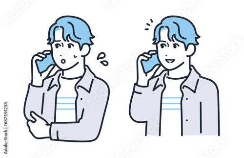 スマホで電話するカジュアルな服装の若い男性のシンプルなベクターイラストセット素材