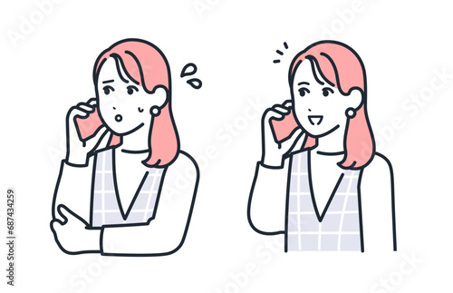 スマホで通話するおしゃれな若い女性のシンプルなベクターイラストセット素材