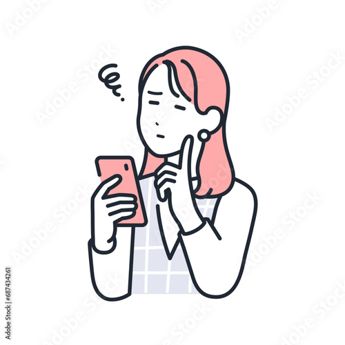 スマートフォンを持って悩むおしゃれな若い女性のシンプルなベクターイラスト素材