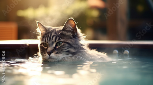 cat swimming on a crystal clear water swimming pool. Generative AI