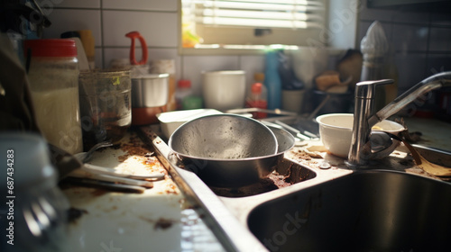 Metal sink full of dirty dishes, crockery, tableware. Generative AI