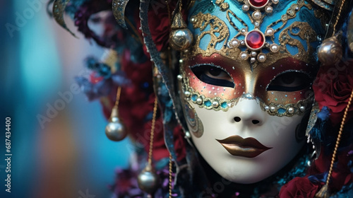copy space, Portrait of beautiful Ornate female Mask at carnival in Venice. Traditional venetian mask for carnival party with copy space. Design for invitation card, greeting card or poster.