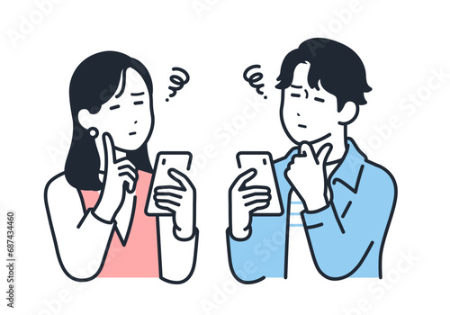 スマートフォンの料金プランについて悩む若い男女のシンプルなベクターイラストセット素材
