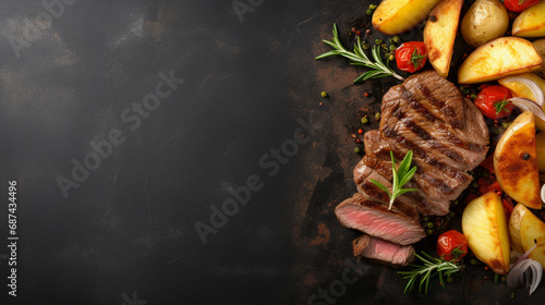 plate of grilled beef steak and potatoes on dark table, top view. Generative AI