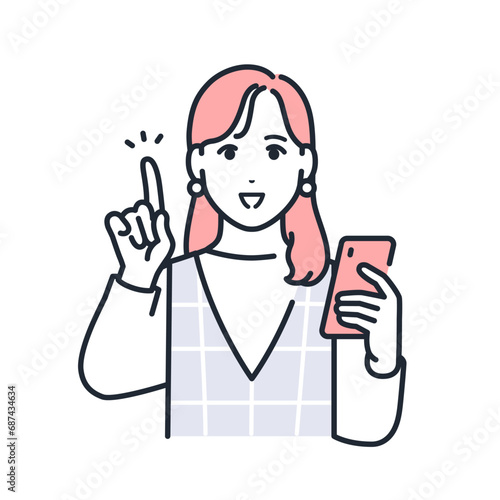 スマートフォンを持って説明するおしゃれな若い女性のシンプルなベクターイラスト素材