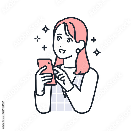 スマートフォンを持って期待するおしゃれな若い女性のシンプルなベクターイラスト素材
