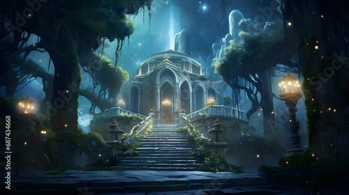 jungle temple under a starry night sky