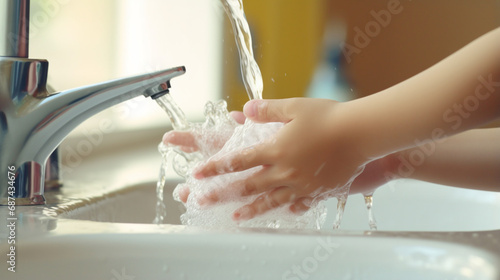Washing hands with soap under the faucet with water. Hygiene concept. Generative AI