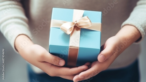 a father receives a gift box with a bow from the hands of his children in close-up. Generative AI © Fuji