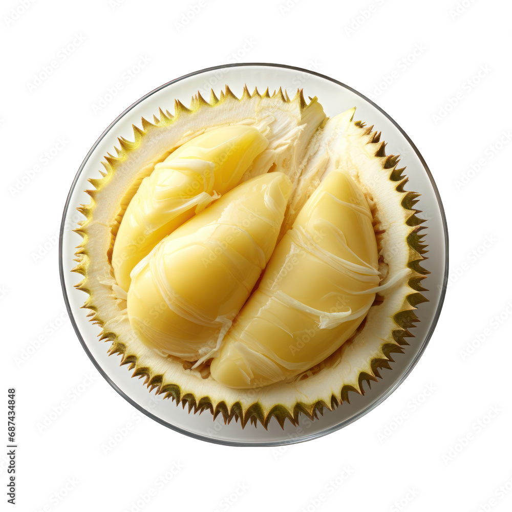 Fototapeta premium Top View of a Durian on a Plate Isolated on Transparent or White Background, PNG