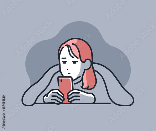 暗闇の中でスマートフォンを見る若い女性のシンプルなベクターイラスト素材