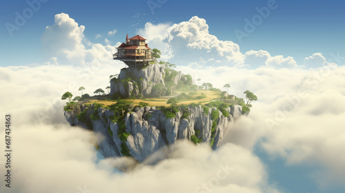 levitate awesome castel, surounded by cloud and bird on the sky high background. Generative AI photo