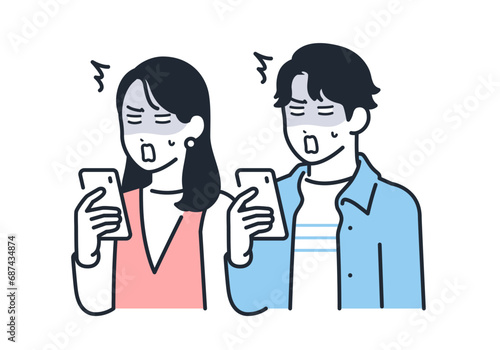 スマートフォンを見てショックを受ける若い男女のシンプルなベクターイラスト素材