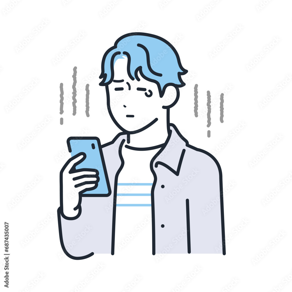 スマートフォンを見て泣くカジュアルな服装の若い男性のシンプルなベクターイラスト素材 スマートフォンを見て泣くカジュアルな服装の若い男性のシンプルなベクターイラスト素材