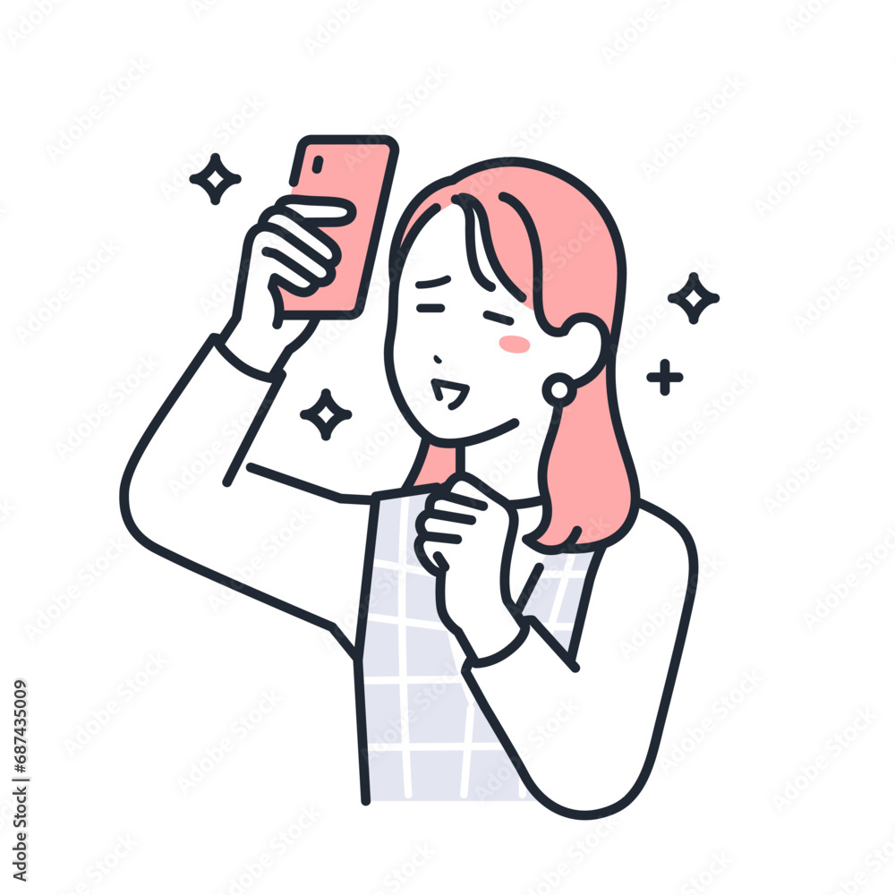 スマートフォンを掲げて喜ぶおしゃれな若い女性のシンプルなベクターイラスト素材