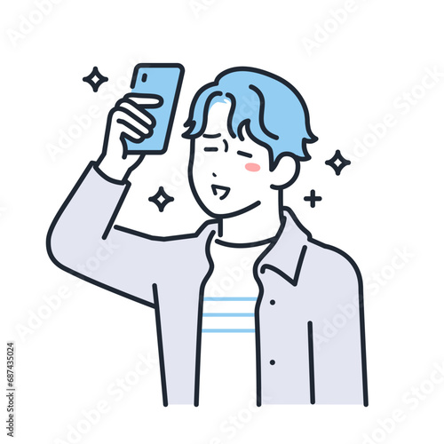 スマートフォンを掲げて喜ぶカジュアルな服装の若い男性のシンプルなベクターイラスト素材