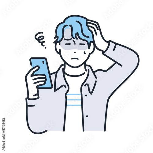 スマートフォンを持って頭を抱えるカジュアルな服装の若い男性のシンプルなベクターイラスト素材