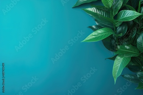 Tropical palm leaves on turquoise background.