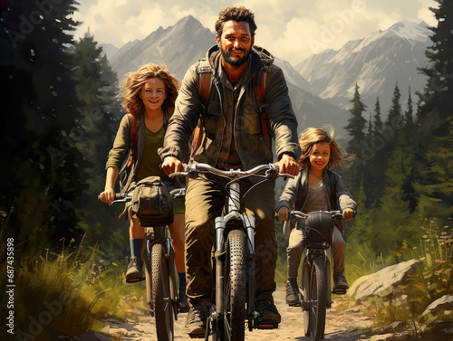 3 three person Family biking without helmets on forest trail. park on background. back, Rear view of family with small children cycling outdoors in summer nature. 2 two daughters. Generative ai photo