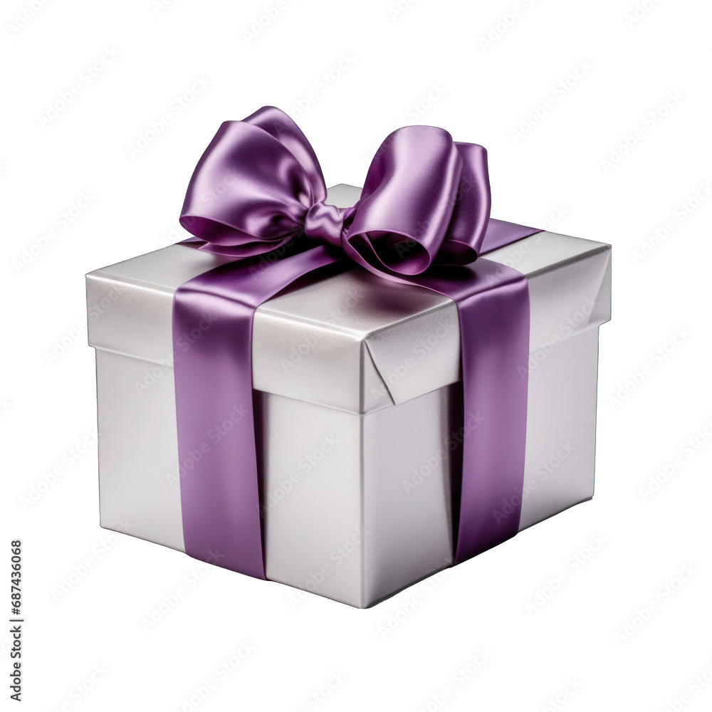 Silver Gift Box with Purple Bow Isolated on Transparent or White Background, PNG Silver Gift Box with Purple Bow Isolated on Transparent or White Background, PNG