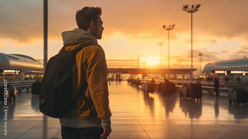 Fototapeta premium The guy with the backpack at the airport. Young handsome man waiting for boarding, walks through airport terminal.