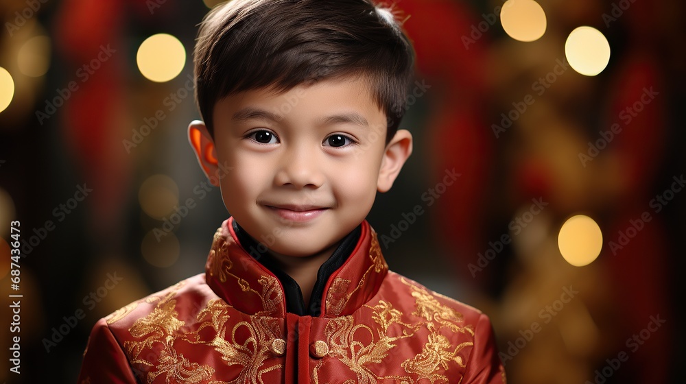 Chinese New Year Concept, Cute Asian boy in red traditional Chinese suit. Chinese New Year Concept, Cute Asian boy in red traditional Chinese suit.