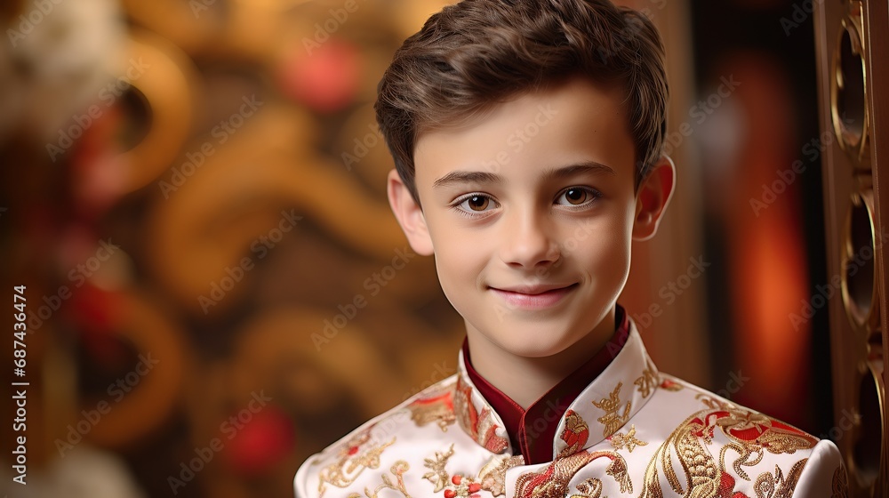 Chinese New Year Concept, Cute Asian boy in red traditional Chinese suit.