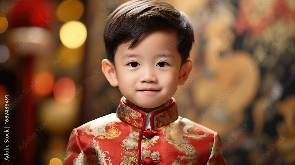Chinese New Year Concept, Cute Asian boy in red traditional Chinese suit. Chinese New Year Concept, Cute Asian boy in red traditional Chinese suit.