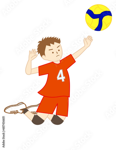 バレーボールの試合で全身を使って右手でアタックをする男の子(右向き)
