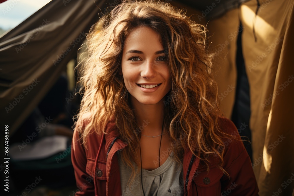 Happy hiker woman with hat making selfie photo portrait background tent mountain. AI Generated Happy hiker woman with hat making selfie photo portrait background tent mountain. AI Generated