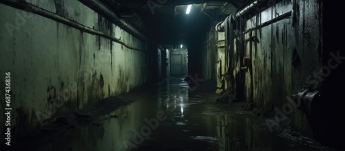 Abandoned Soviet military bunker with dark flooded corridor or tunnel. photo