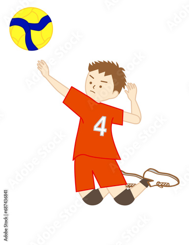 バレーボールの試合で全身を使って右手でアタックをする男の子(左向き)