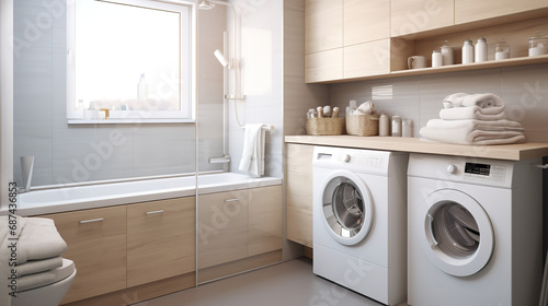 An efficient modern bathroom with white washer and dryer photo
