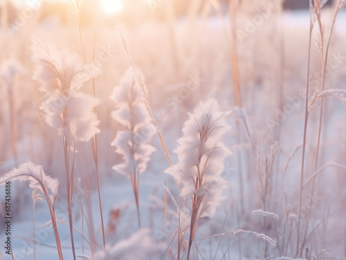 Beautiful winter nature macro background. Fluffy stems of tall grass under the snow in winter during snowfall, tinted pink © Nate