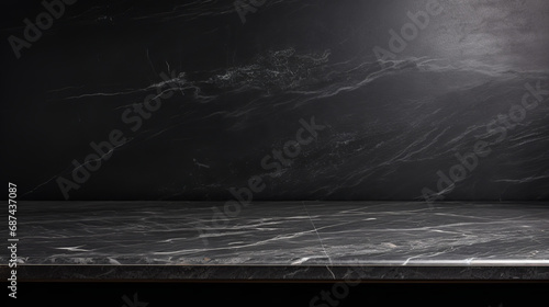 Empty black marble table over empty black wall background © Nate