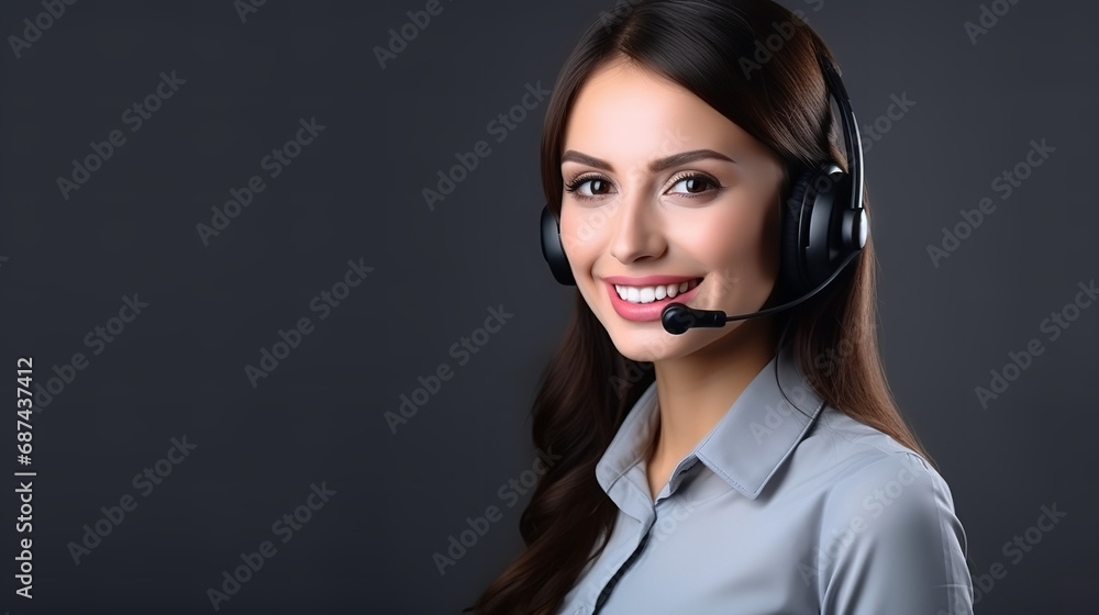 Portrait of smiling customer support phone operator in headset on grey background Portrait of smiling customer support phone operator in headset on grey background