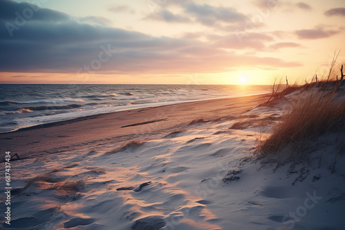 Realistic photo of a cold beach in winter at sunset