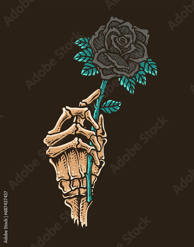Illustration vintage skull hand holding black rose flower