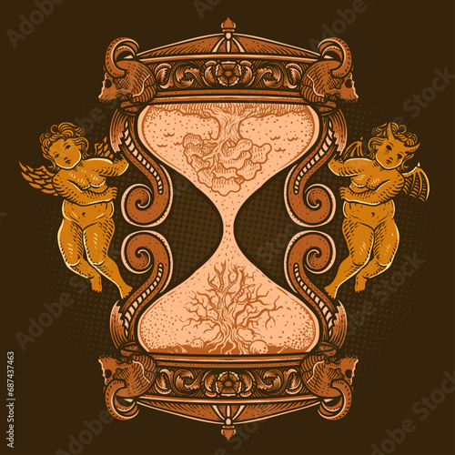Illustration antique hourglass with angel and demon
