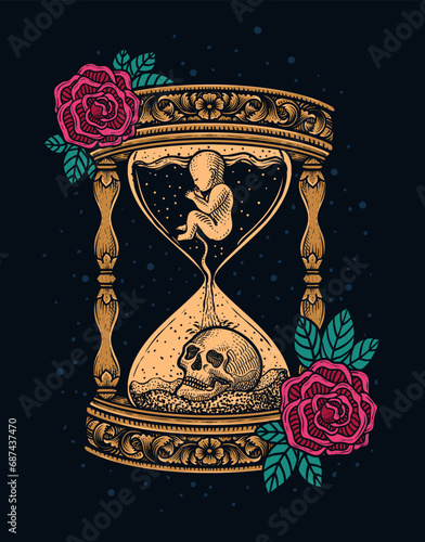 Illustration antique hourglass with rose flower