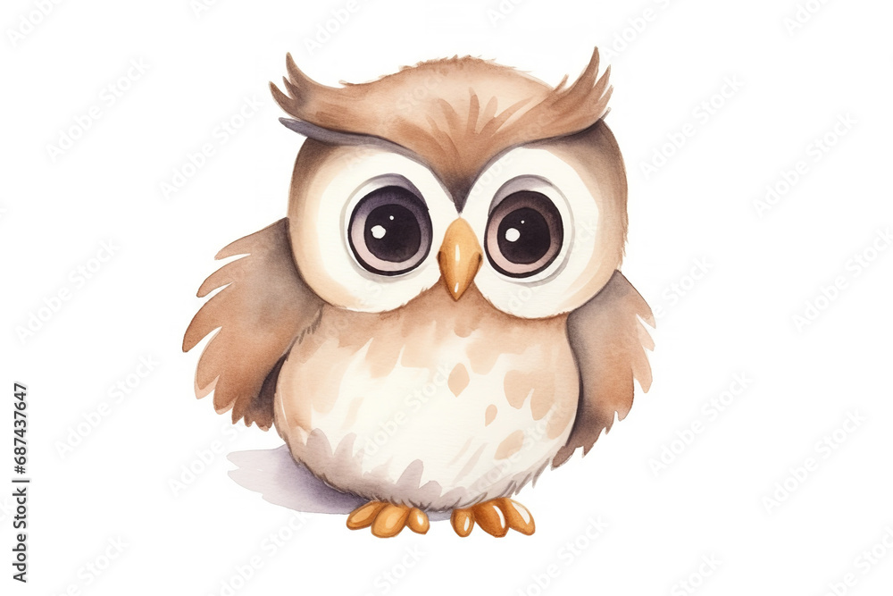 Fototapeta premium Watercolor sketch illustration of an adorable and friendly tiny kawaii baby owl, children's book illustration, white background