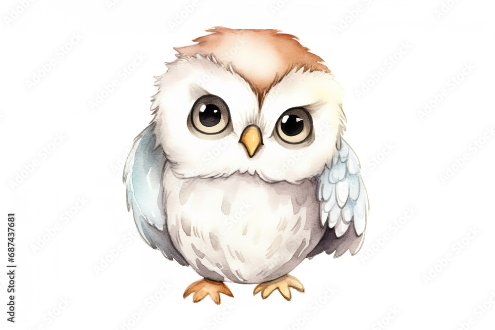 Fototapeta premium Watercolor sketch illustration of an adorable and friendly tiny kawaii baby owl, children's book illustration, white background