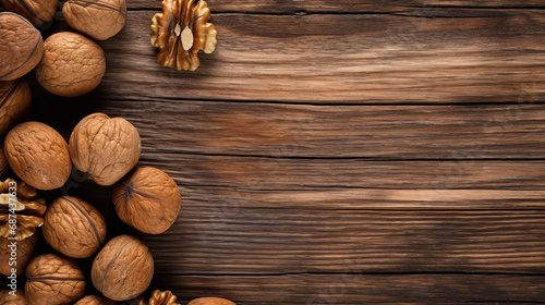Walnuts on wooden background. Top view. Healthy food concept